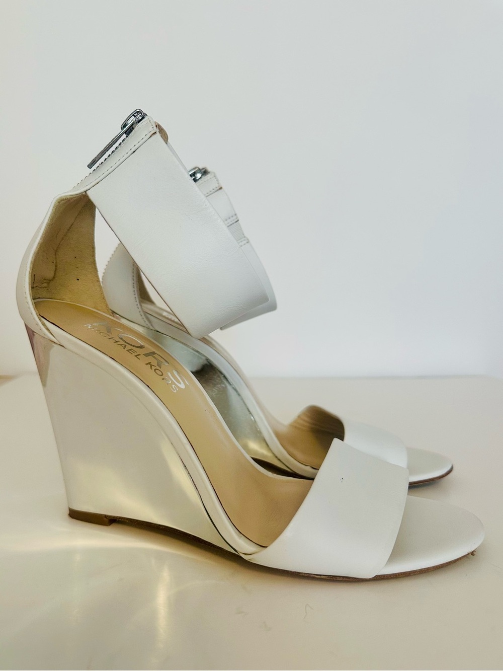KORS Michael Kors White Wedge Sandals with Ankle Strap